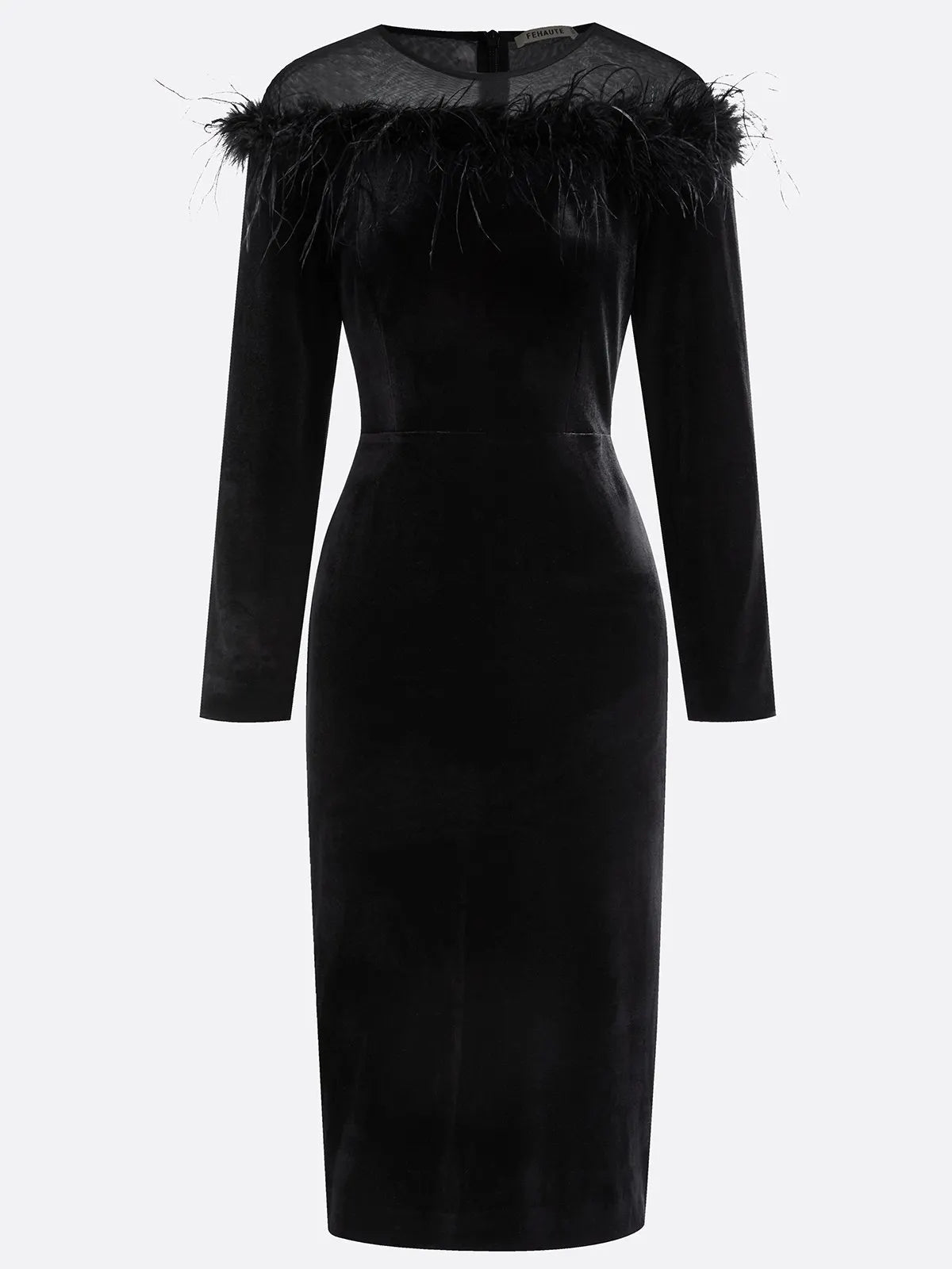 Black Feather-trimmed Mesh Velvet Crew Neck Long Sleeve Sheath Midi Dress