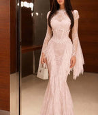Cocoslly Long Sleeves High Waist Long Mermaid Prom Dress With Ruffles | White Lace JZ0164