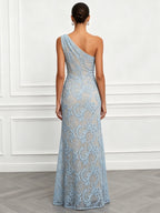 Light Blue Lace Jacquard One Shoulder Sleeveless Mermaid Floor-length Gown Dress