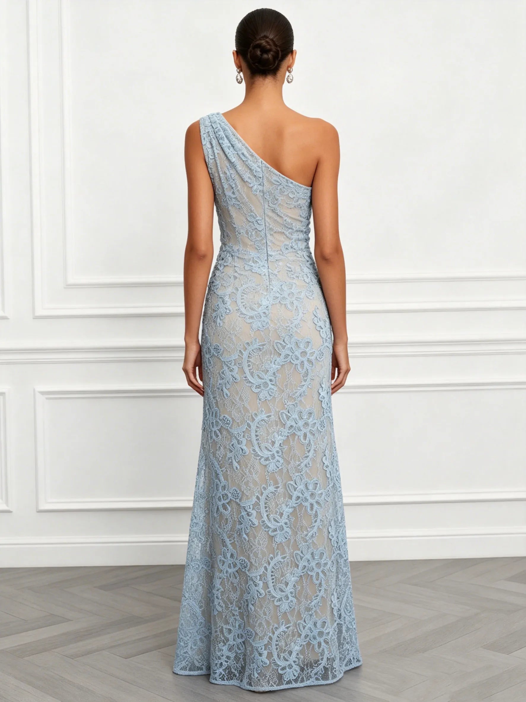 Light Blue Lace Jacquard One Shoulder Sleeveless Mermaid Floor-length Gown Dress