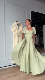 Cocoslly Short Sleeves High Waist Long A Line Prom Dress | Sage Chiffon CO0217