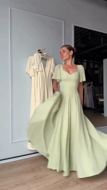 Cocoslly Short Sleeves High Waist Long A Line Prom Dress | Sage Chiffon CO0217