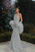 Cocoslly Halter V-Neck Sleeveless High Waist Long Prom Dress With Appliques And Tassel | White Lace LR0368