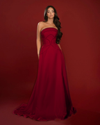 Satin Strapless Sleeveless High-Waisted Long A-Line Prom Dress With Beadings YK0662