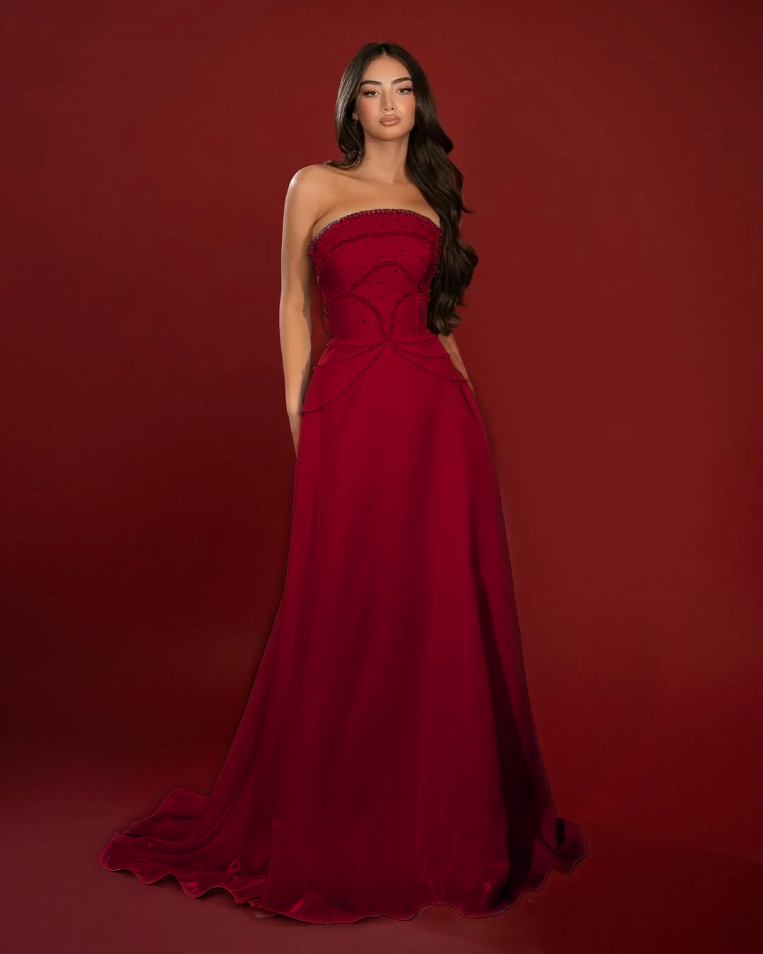 Satin Strapless Sleeveless High-Waisted Long A-Line Prom Dress With Beadings YK0662