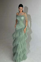 Cocoslly Off-The-Shoulder Sleeveless High Waist Long Prom Dress With Ruffles | Dusty Sage Tulle CO0137