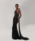 Cocoslly Halter Sleeveless High Waist Long Mermaid Prom Dress With Sequins | Nude Champage Chiffon YK1282