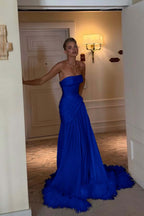 Cocoslly Strapless Sleeveless Long Pleated Prom Dress With Feathers | Ivory Satin ZA0210