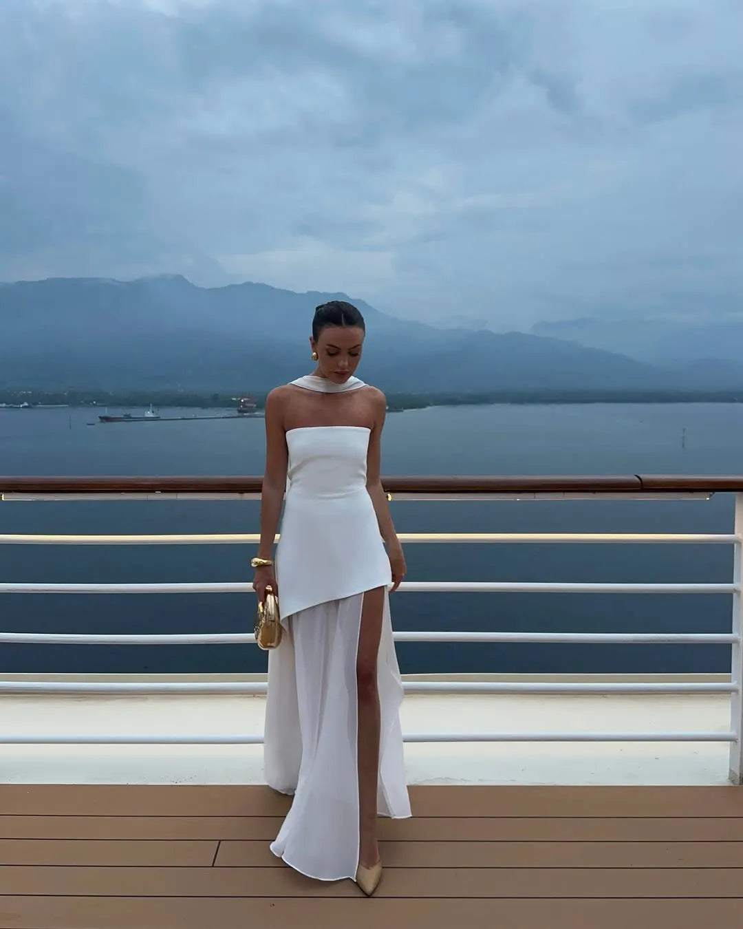 Cocoslly Strapless Split Holiday Summer Long Prom Dress With Scarf | White Satin And Chiffon ZT0604