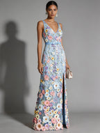 Light Blue Floral Embroidered Classic V Neck Sleeveless A-Line Floor-length Gown Dress