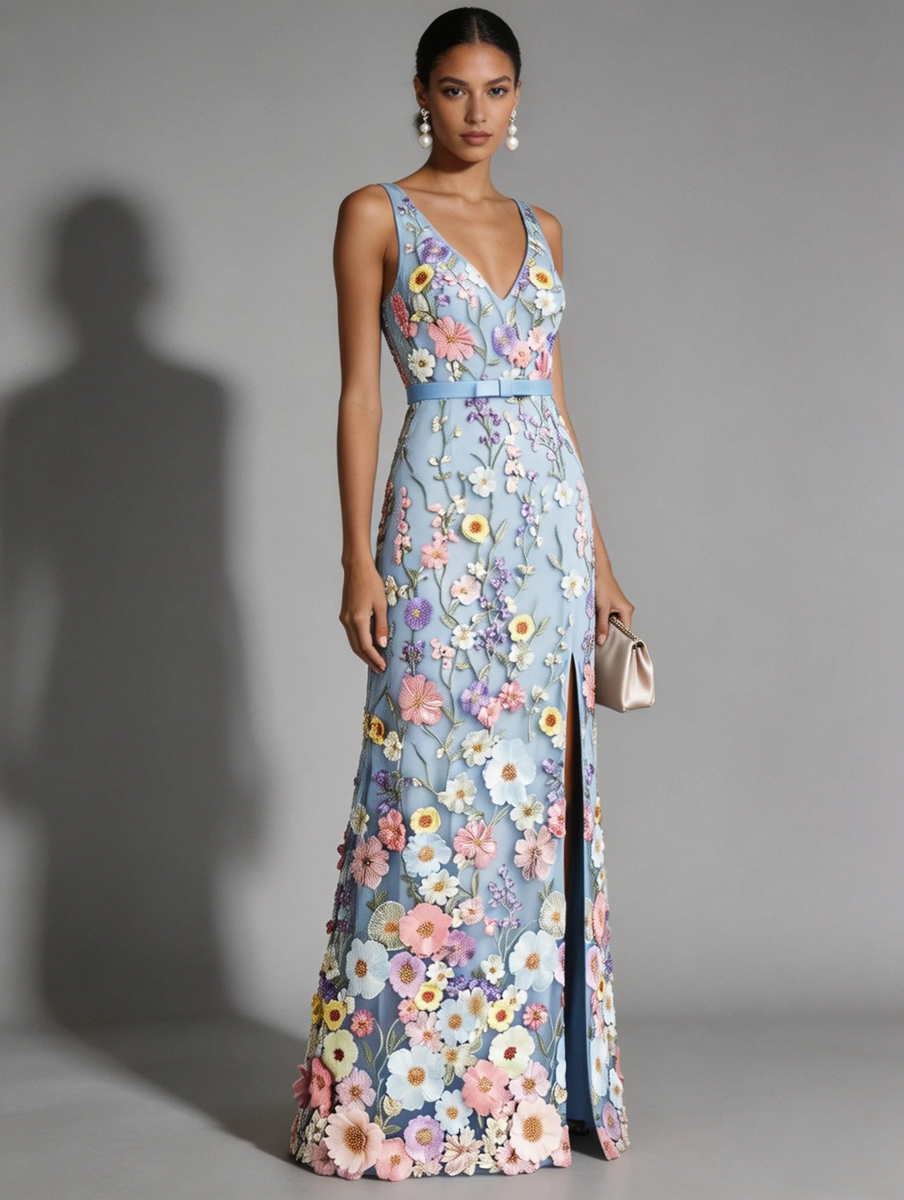 Light Blue Floral Embroidered Classic V Neck Sleeveless A-Line Floor-length Gown Dress