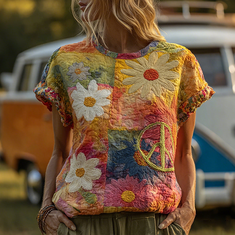 Women's Hippie Watercolor Daisy Art Patchwork Print Crew Neck Cotton T-shirt