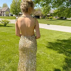 Cocoslly Straps V-Neck Sleeveless High Waist Long Prom Dress With Split | Champage Glod Sequins ZT0893