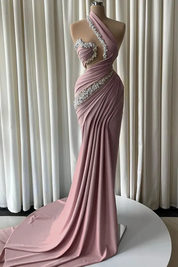 Cocoslly One Shoulder Sleeveless High Waist Long Mermaid Prom Dress With Pearls | Dusty Blue Satin JZ0162