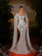 Tulle Halter V-Neck Off-The-Shoulder Sleeveless Long Mermaid Prom Dress With Flowers And Beadings YK0774