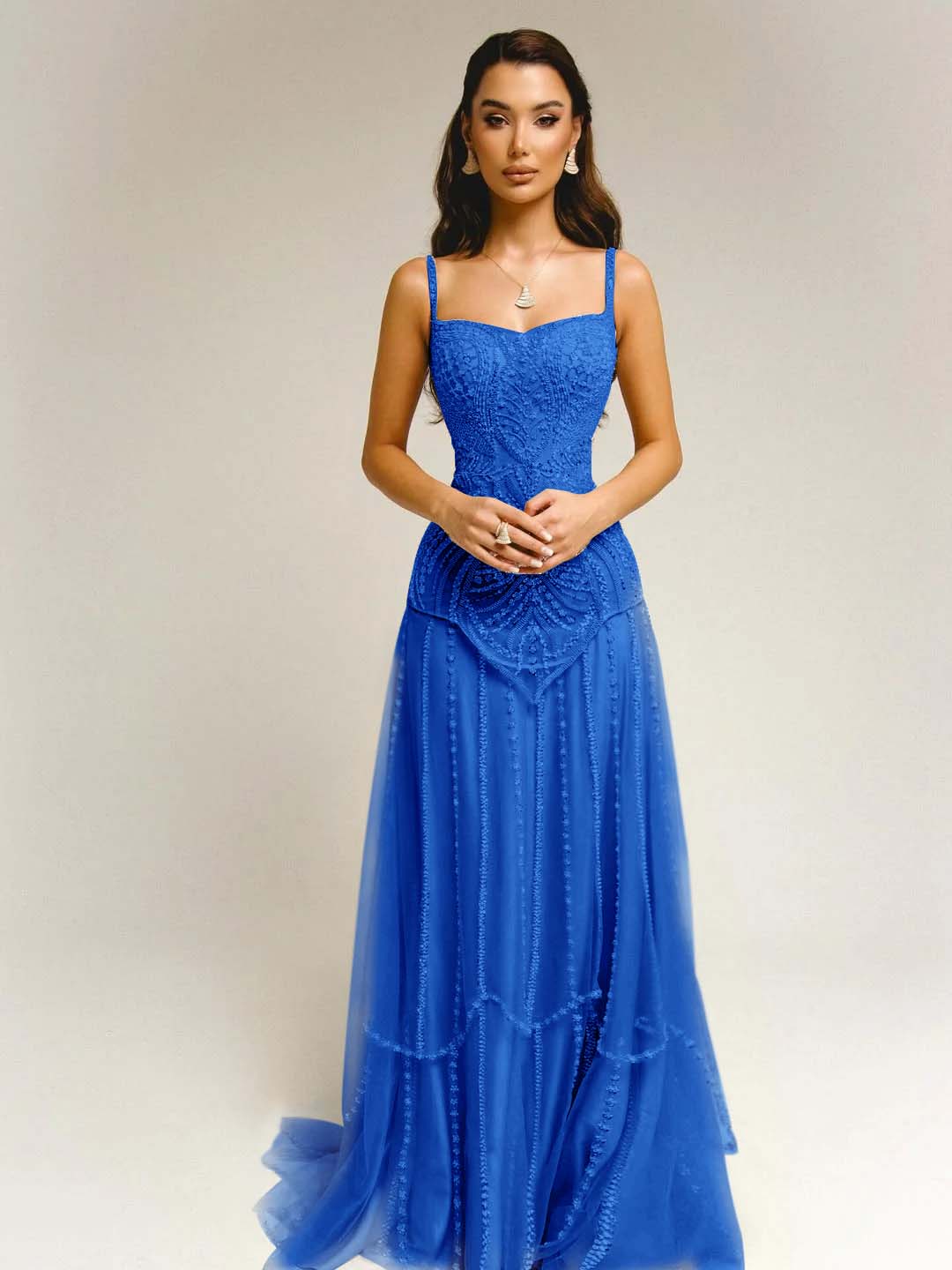 Tulle Square Neck Spaghetti Straps Strapless Sleeveless Long A-Line Prom Dress With Beadings YK0789