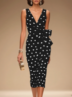 White Polka Dots Bow Classic V Neck Sleeveless Sheath Midi Dress
