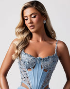 Cocoslly Spaghetti Straps Sleeveless Long Mermaid Prom Dress With Deep Split And Rhinstone | Blue Satin CO0031