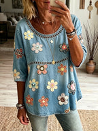 Women's Vintage Floral Art Flowy Linen Blend Three Quarter Sleeves T-shirt