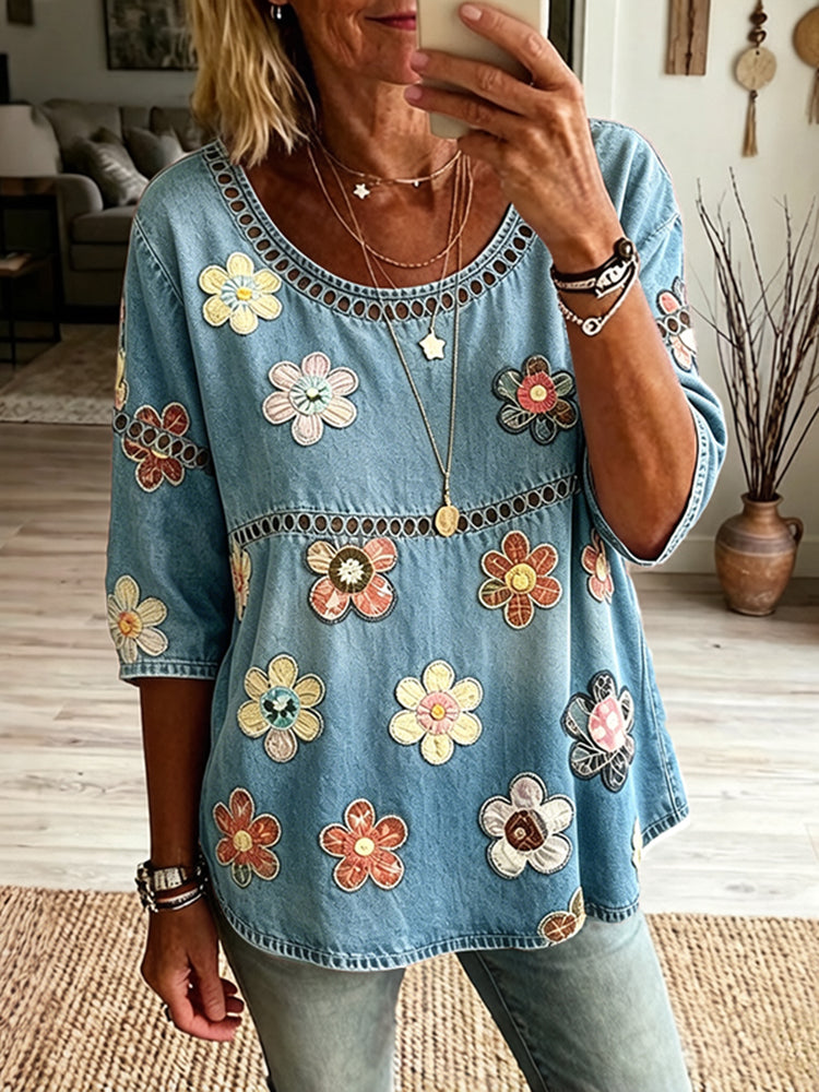 Women's Vintage Floral Art Flowy Linen Blend Three Quarter Sleeves T-shirt