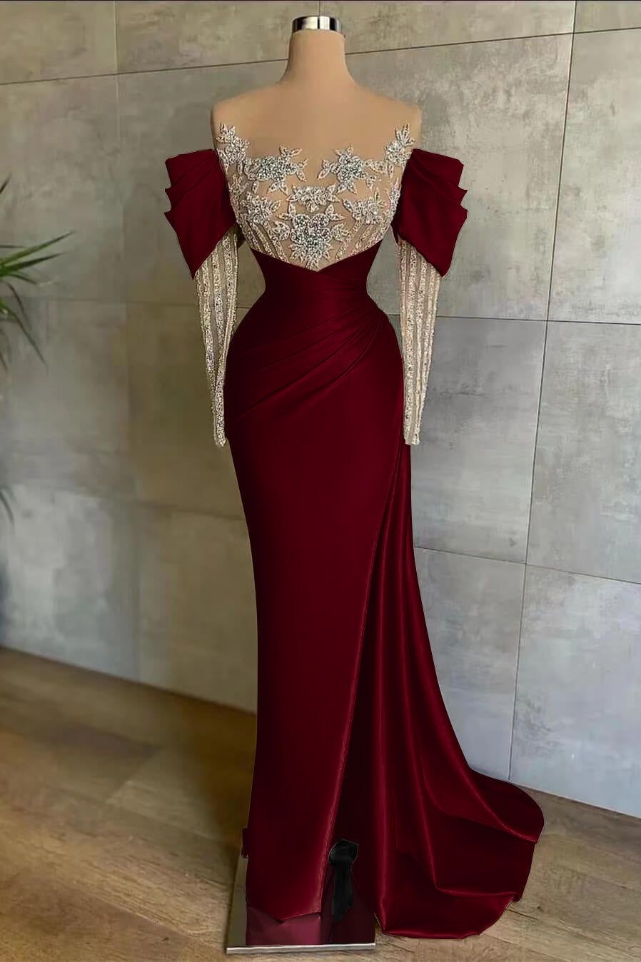 Cocoslly Off-The-Shoulder Long Lace Sleeves Long Split Mermaid Prom Dress With Beaded Applique Embroidery | Pink Satin ED0148