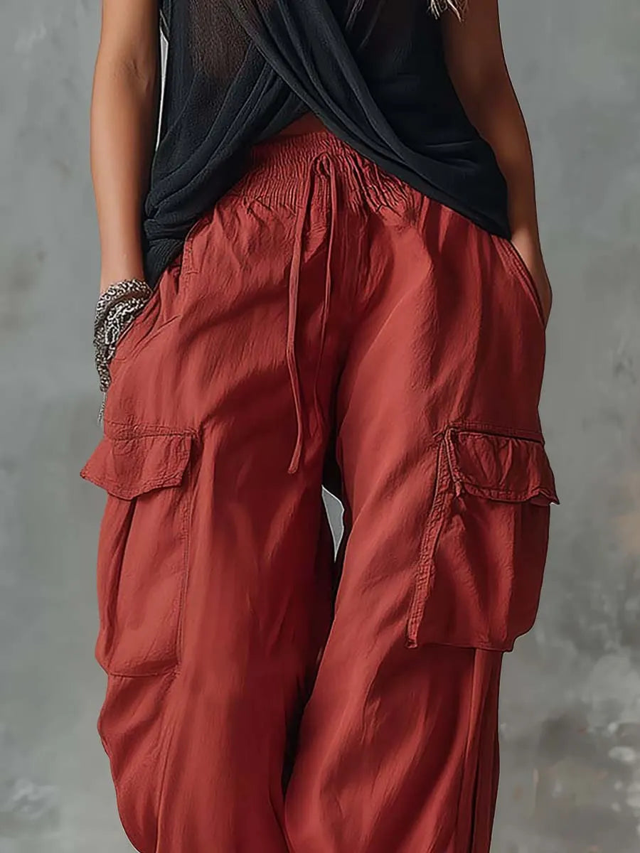 Retro Casual Workwear Style Red Cotton Pants