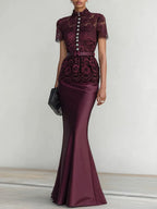 Wine Red Buckle Lace Classic Mock Neck Short Sleeve Mermaid Maxi Dress