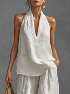 Casual Urban Style White Linen V-neck Sleeveless Top And Wide Leg Pants Set