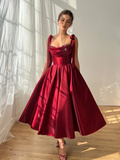 Satin Strapless Spaghetti Straps Sleeveless Pleated A-Line Prom Dress With Pleated And Bows YK0612