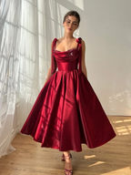 Satin Strapless Spaghetti Straps Sleeveless Pleated A-Line Prom Dress With Pleated And Bows YK0612