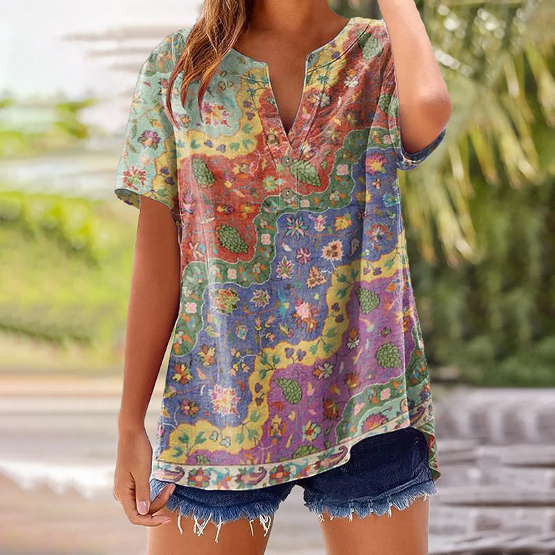 Vintage Ethnic Wave Patchwork Art Pattern Linen Blend Loose Short Sleeve Tops