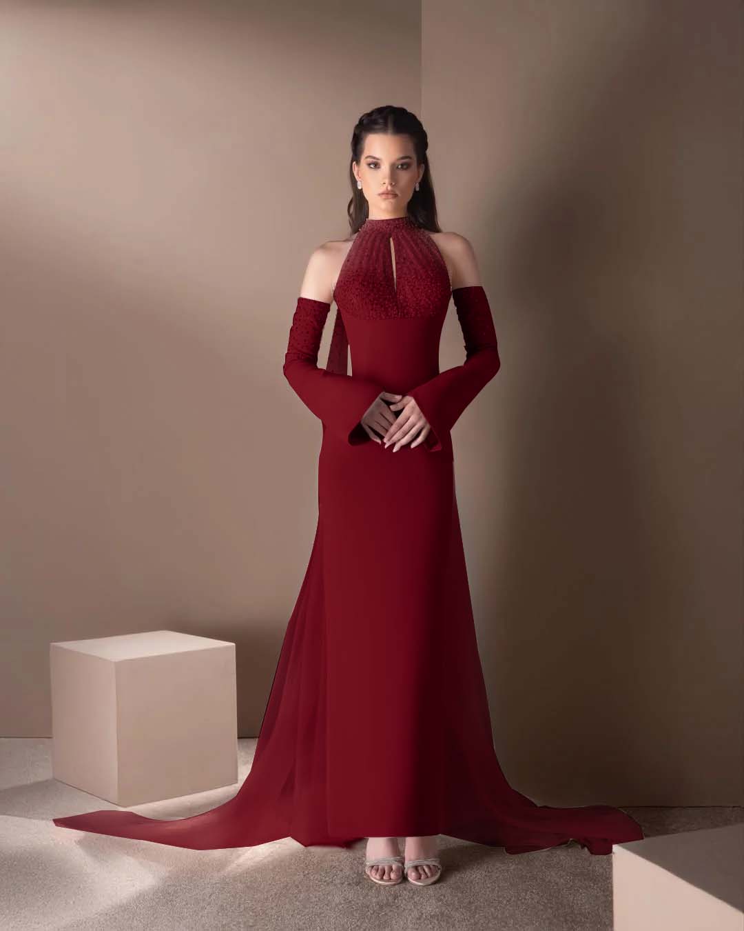 Spandex And Tulle High Neck Strapless Long Sleeves Long Mermaid Prom Dress With Ruffles And Beadings YK0748