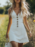 Retro Casual V-Neck Front Button White Denim Mini Dress