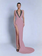 Halter V-Neck Wide Shoulder Straps Sleeveless Long Mermaid Prom Dress With Beadings And Split YK0734