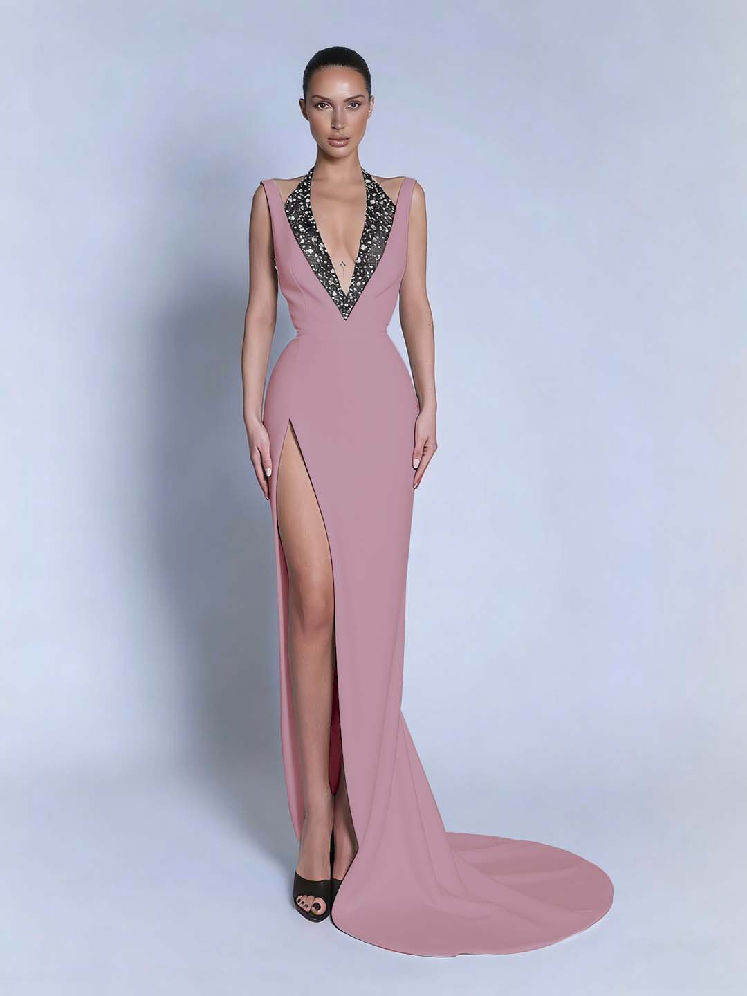 Halter V-Neck Wide Shoulder Straps Sleeveless Long Mermaid Prom Dress With Beadings And Split YK0734