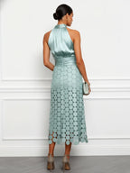 Women Light Green Satin Ruched Halter Neck Sleeveless A-Line Midi Dresses