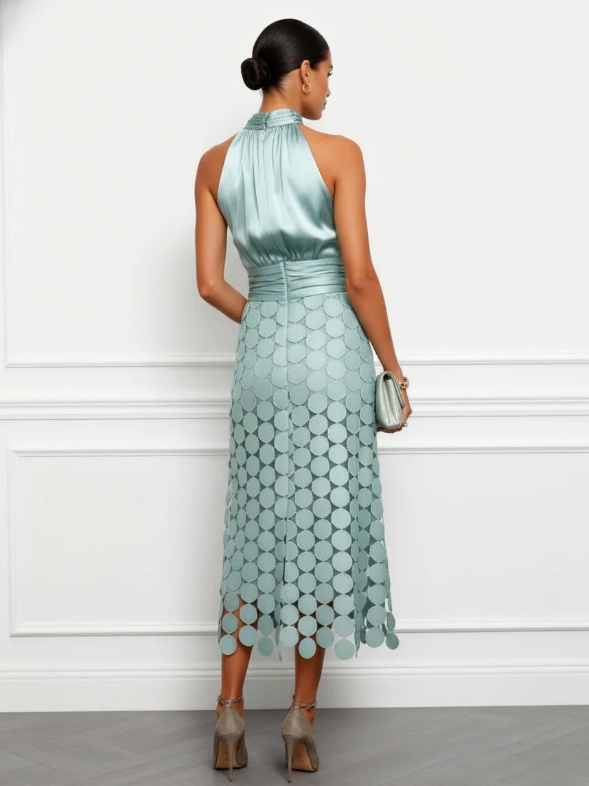 Women Light Green Satin Ruched Halter Neck Sleeveless A-Line Midi Dresses