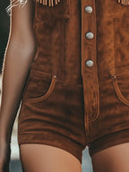 銆�24-hour shipping out銆慥intage Western Tassel Brown Suede Vest Shorts Jumpsuit