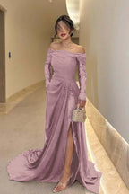 Off the Shoulder Long Sleeves Long Split Prom Dress With Pleated WQ0009