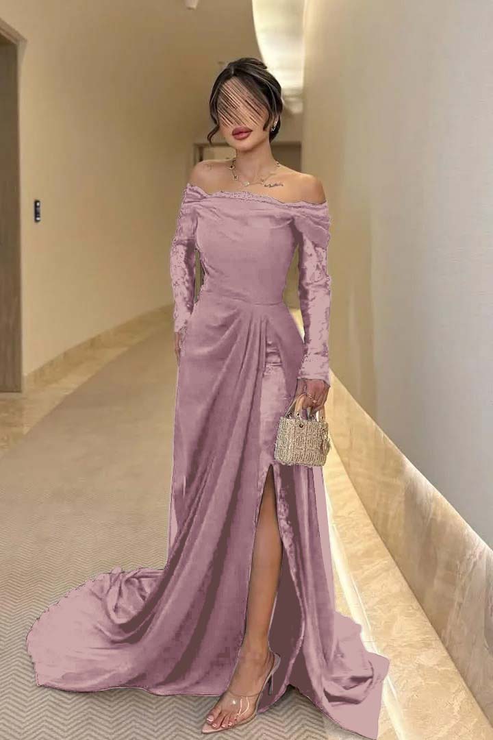 Off the Shoulder Long Sleeves Long Split Prom Dress With Pleated WQ0009