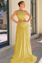 Spaghetti Strap Sleeveless Long Prom Dress With Pleated Sequins WQ0188