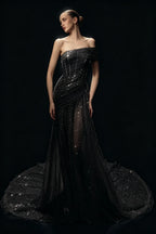 Cocoslly One Shoulder Sleeveless High Waist Long Prom Dress With Sequins | White Tulle YC0569