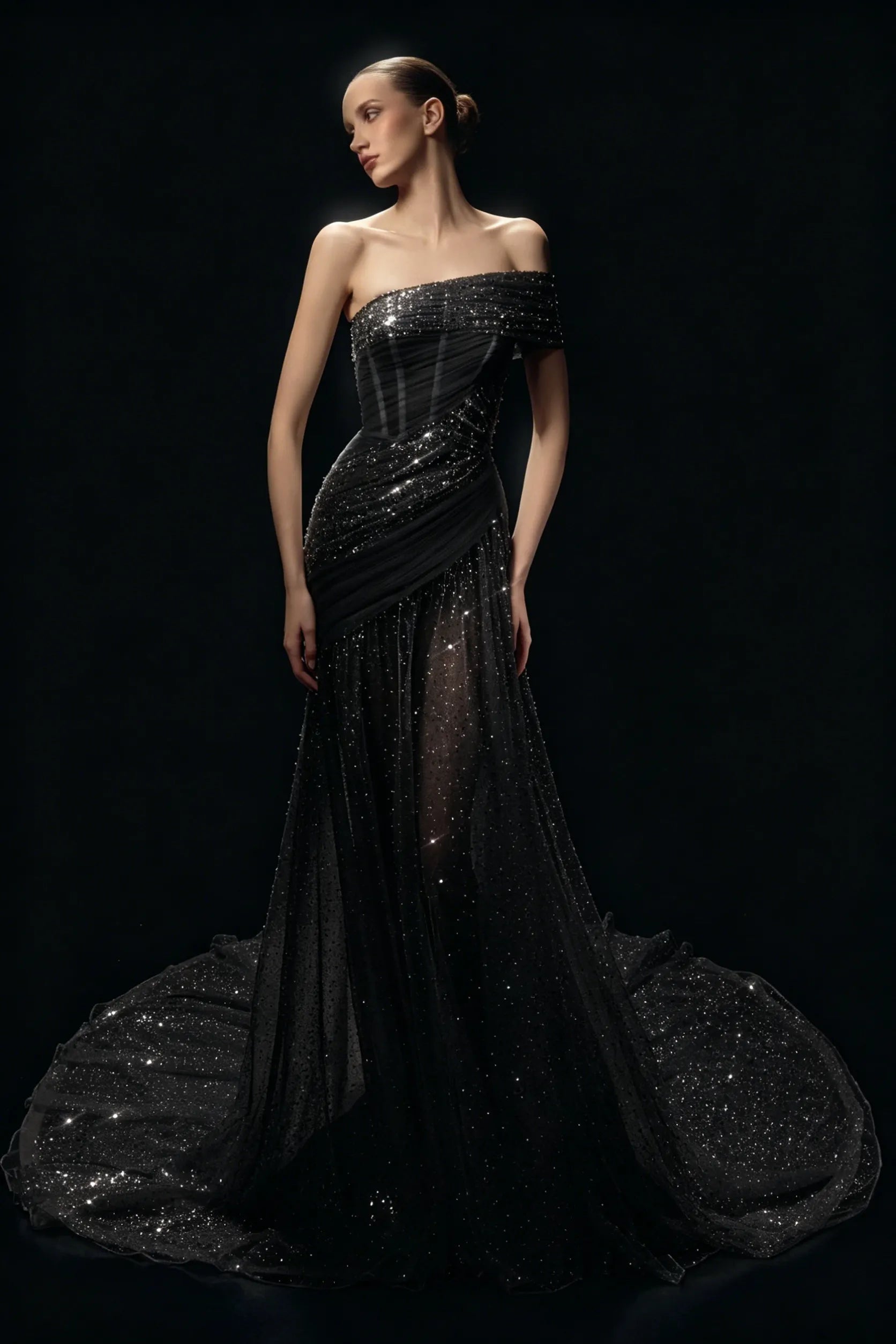 Cocoslly One Shoulder Sleeveless High Waist Long Prom Dress With Sequins | White Tulle YC0569