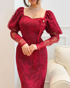 Cocoslly Square Neck Long Sleeves High Waist Long Mermaid Prom Dress | Wine Red Lace CO0123