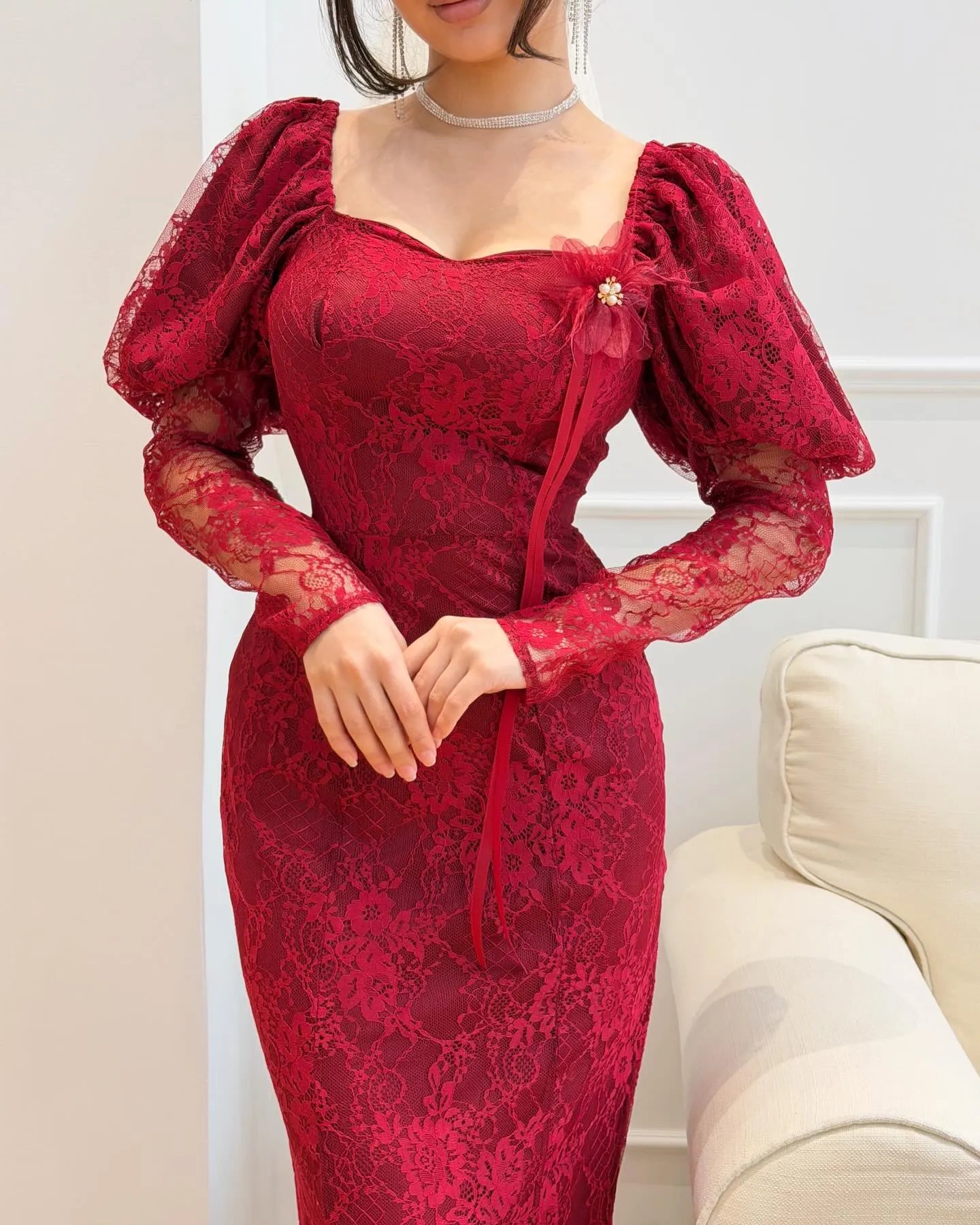 Cocoslly Square Neck Long Sleeves High Waist Long Mermaid Prom Dress | Wine Red Lace CO0123