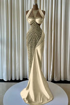Cocoslly Halter Sleeveless High Waist Long Mermaid Prom Dress With Beading Pearls | Blush Champagne Satin JZ0163