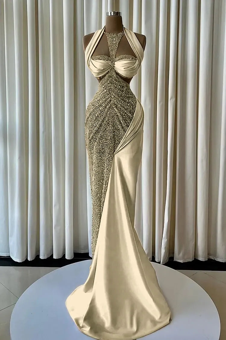 Cocoslly Halter Sleeveless High Waist Long Mermaid Prom Dress With Beading Pearls | Blush Champagne Satin JZ0163