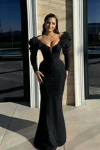 Cocoslly Strapless Long Sleeves High Waist Long Mermaid Prom Dress With Rhinstone And Flowers | Red Sequins WQ0744