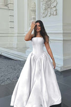 Cocoslly Simple Strapless Sleeveless Long A-line Prom Dress | Fuchsia Satin ZT0713