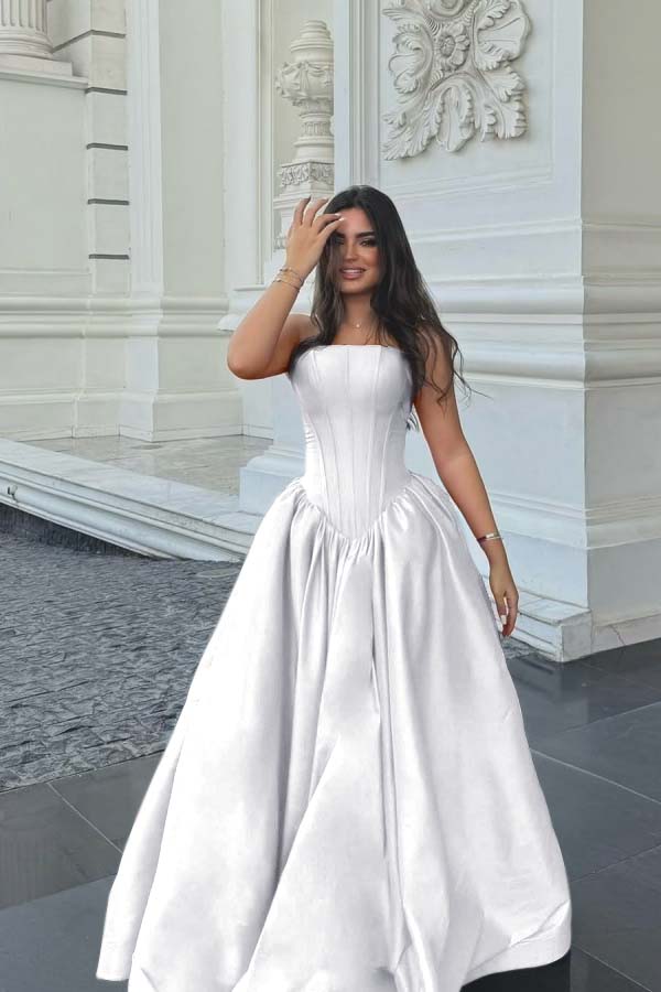 Cocoslly Simple Strapless Sleeveless Long A-line Prom Dress | Fuchsia Satin ZT0713